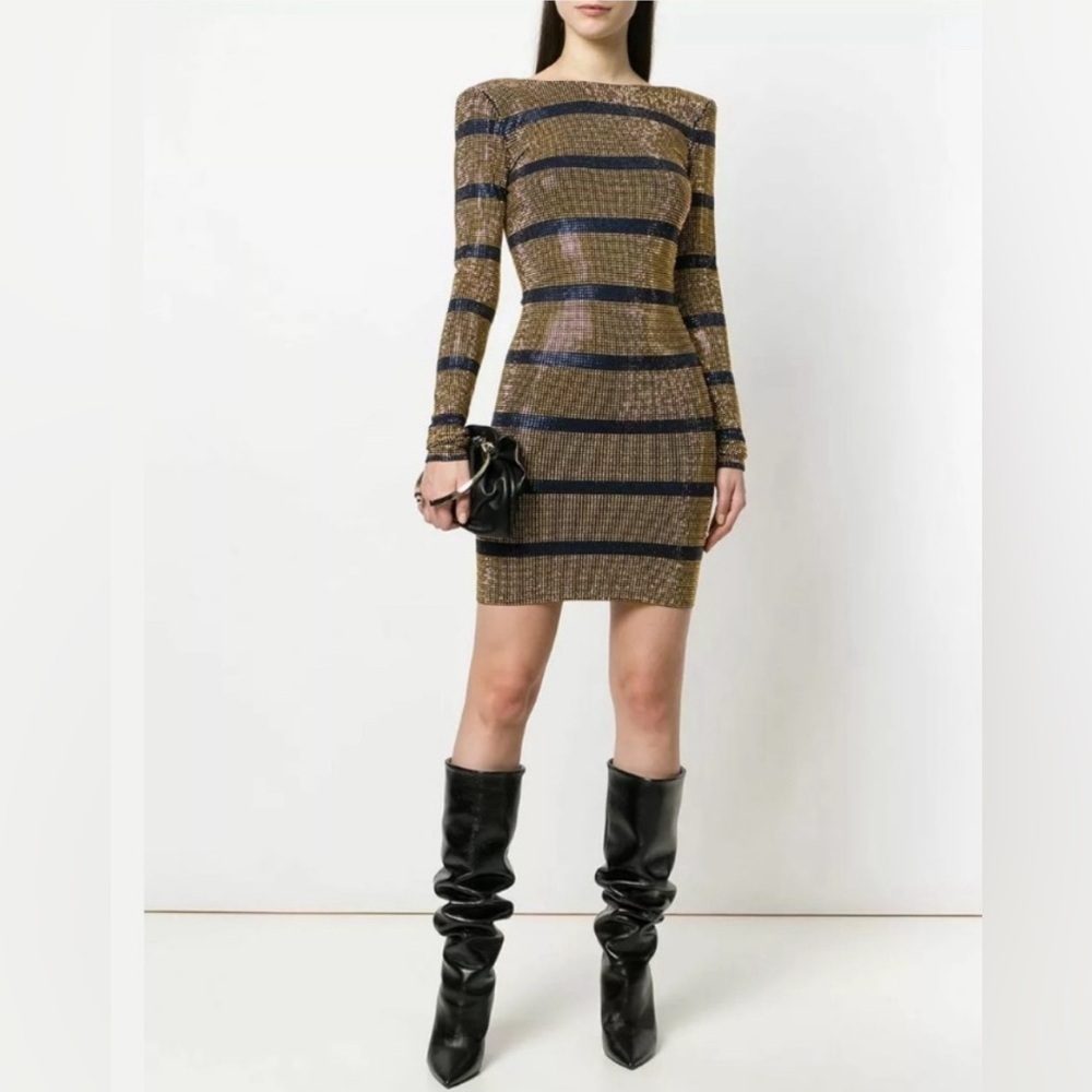 BALMAIN Striped Crystal Embellish Open Back Dress XL